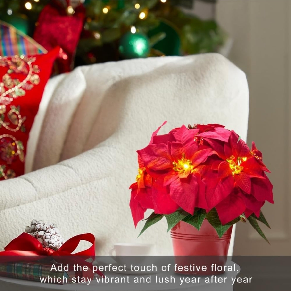 Open Box Homeseasons 2 Pack Christmas Decorations Pre-Lit Artificial Poinsettia Plant - LED Lighted Faux Poinsettia Flowers(Red,10inch)