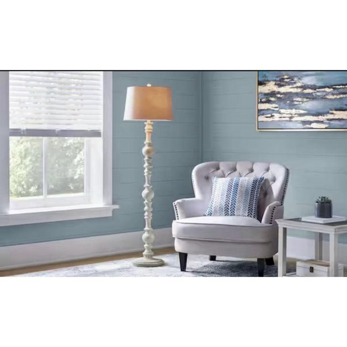 Hampton Bay Witherby 61 in. Shabby White Floor Lamp with Gray Fabric Shade