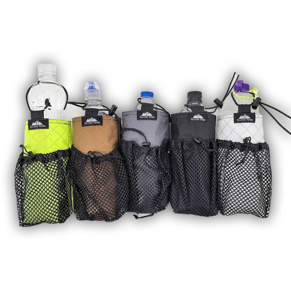 Set of Water Bottle Pouches with shoulder strap mounts in various colors, each holding a water bottle with front mesh pocket and elastic loops.