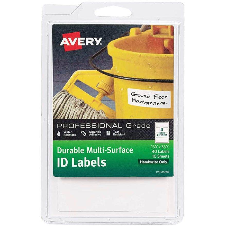 Avery Durable Multi-Surface ID Labels pack with 40 ultra-permanent, water and tear-resistant labels for professional-grade use on various surfaces.