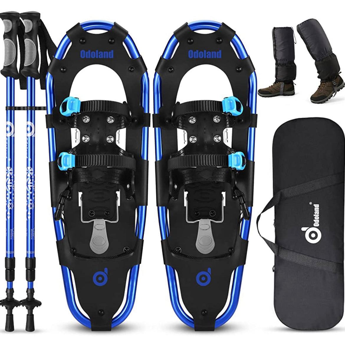Odoland lightweight blue snow shoes with adjustable trekking poles, waterproof leg gaiters, and a carrying tote bag.