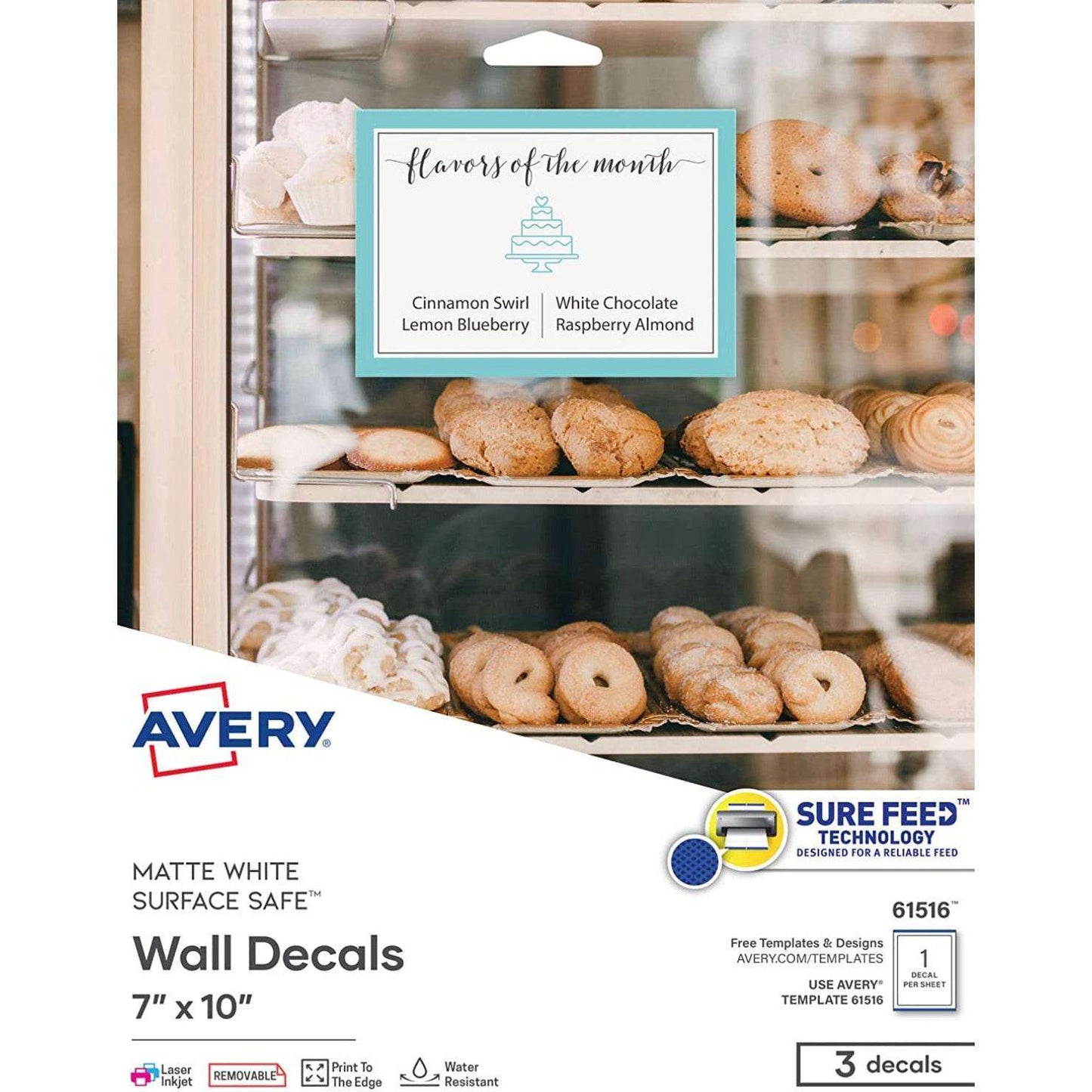 Avery Customizable Removable Wall Decals 7x10 inch matte white waterproof printable labels with Surface Safe adhesive and Sure Feed technology, 3 blank stickers