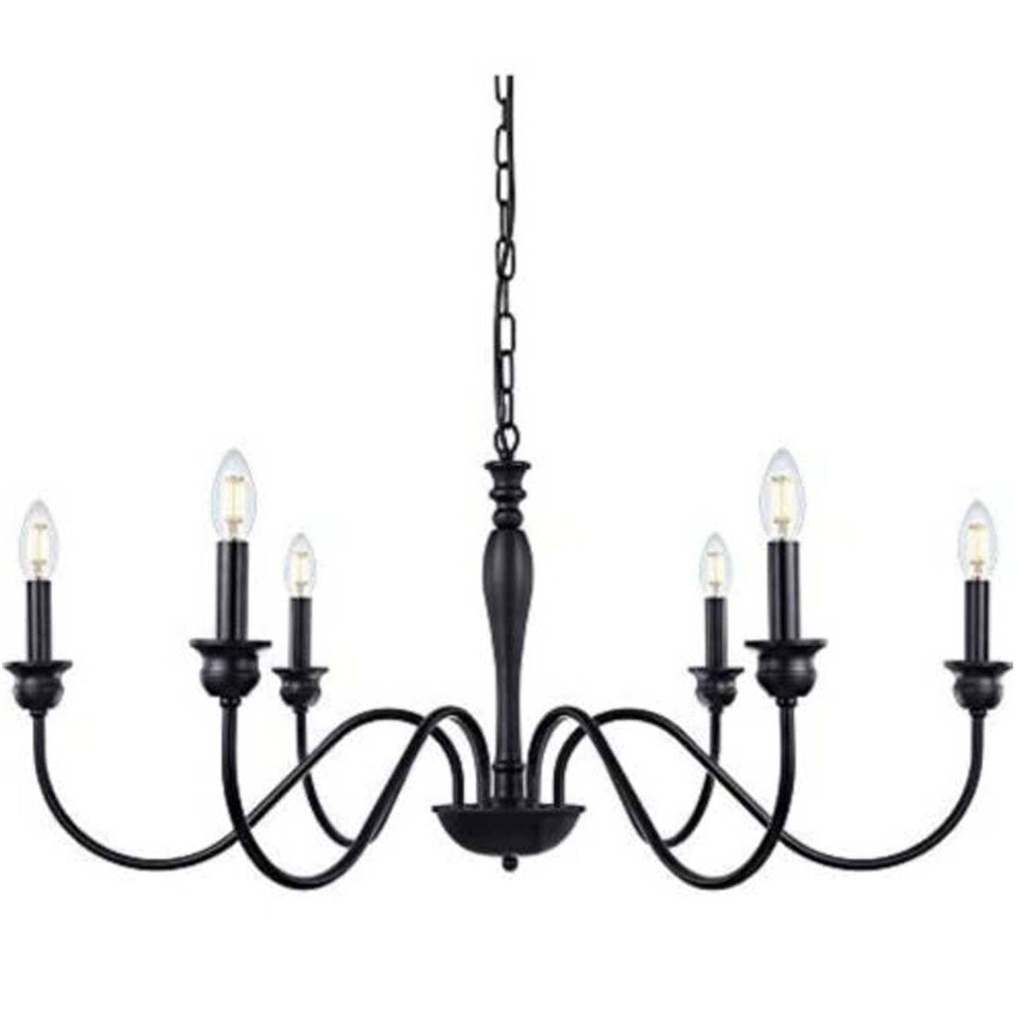 Wellmet 6-Light black metal farmhouse chandelier with candle-style bulbs and curved arms for dining rooms and entryways