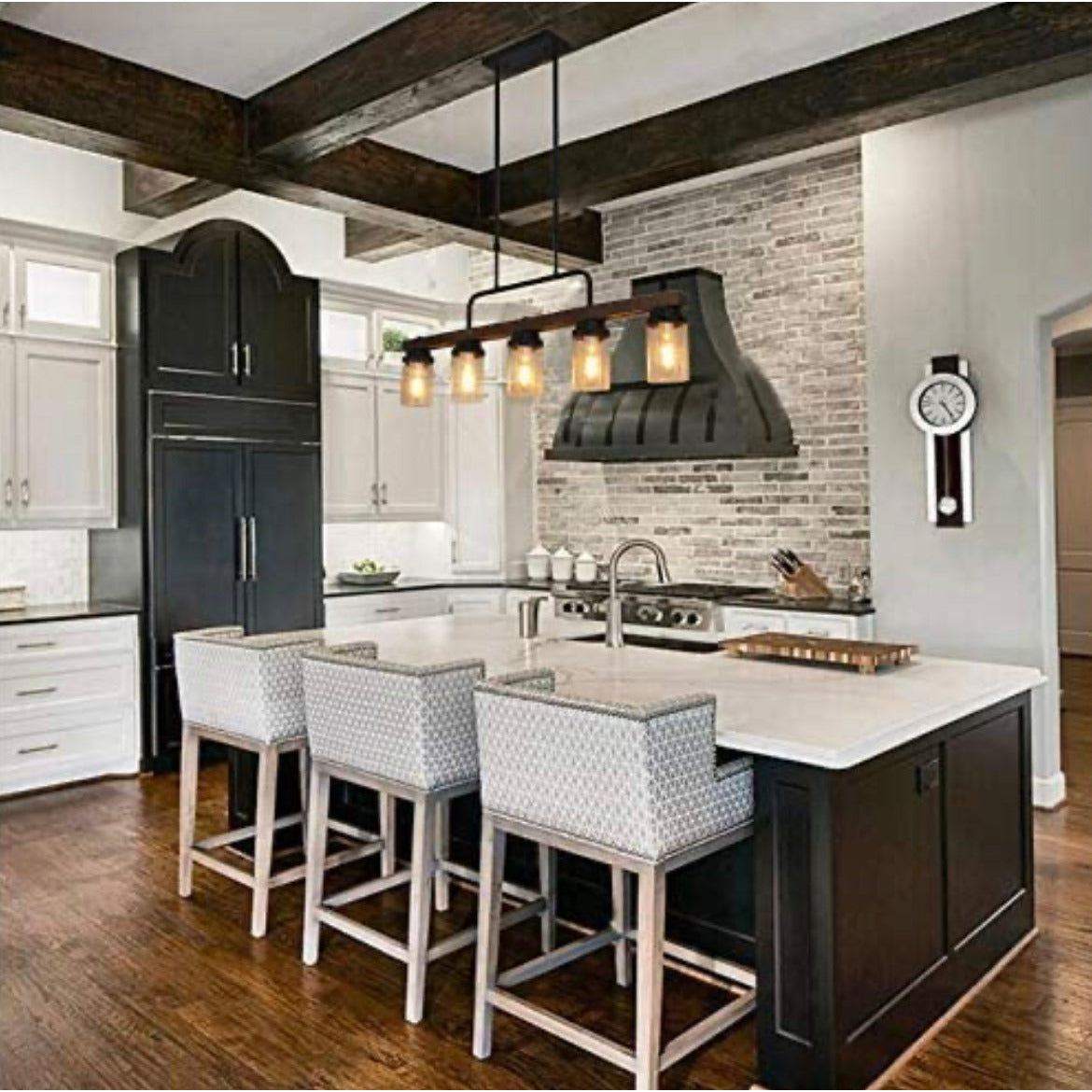 Anmytek Kitchen Island Pendant Lighting with five bubble glass shades and industrial rustic metal wood frame over modern kitchen island