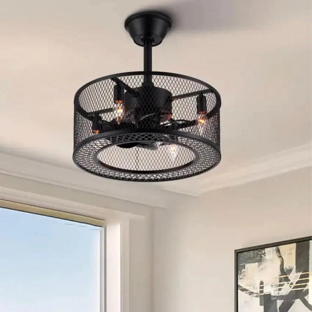 18 in. Indoor Black Industrial Caged Fandelier Ceiling Fan with Timer and Remote - Selzalot