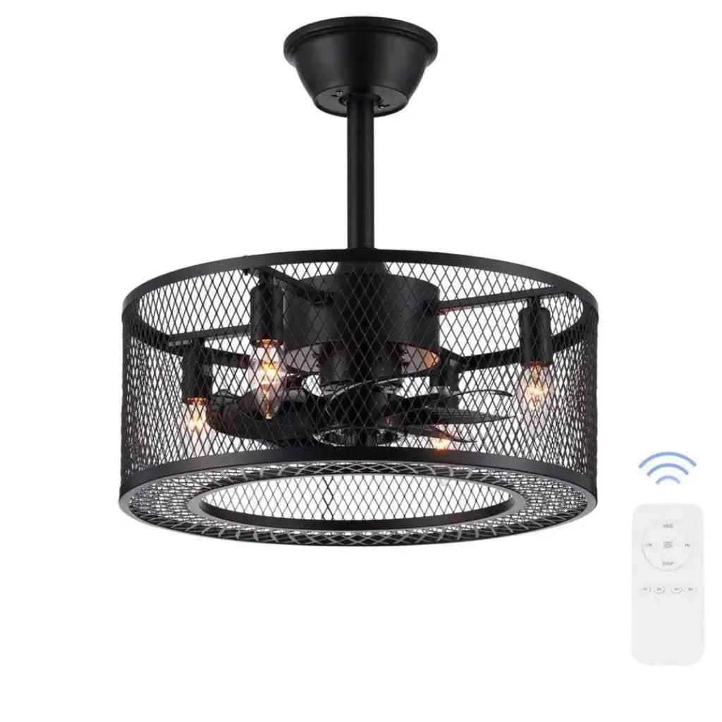 18 in. Indoor Black Industrial Caged Fandelier Ceiling Fan with Timer and Remote - Selzalot