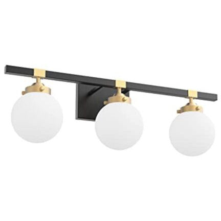 Tipace mid century modern bathroom vanity light fixture with three milky white glass globe shades, black and gold finish, wall mounted