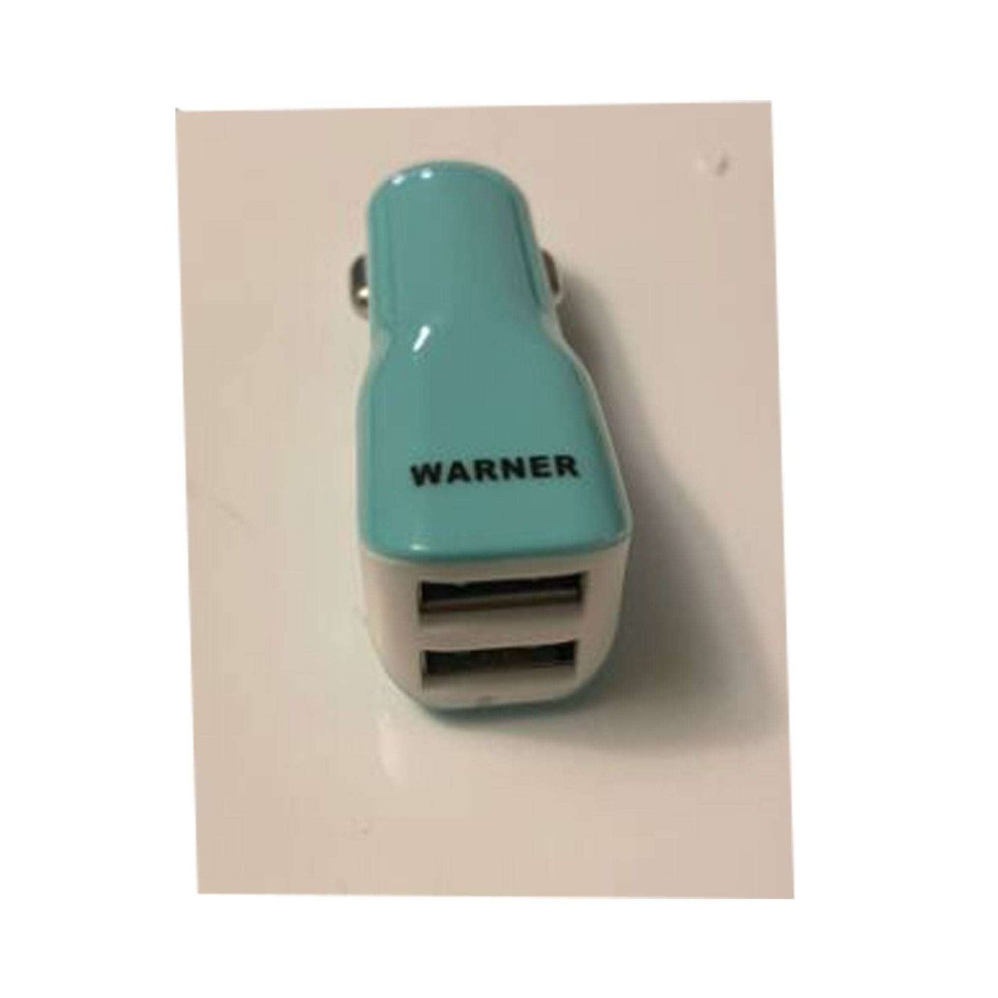 Dual USB port car lighter charger socket power adapter in light blue color with Warner brand name