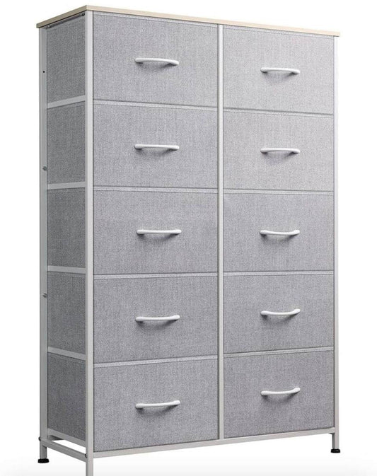 WLIVE Tall Dresser with 10 fabric drawers, wooden top, and steel frame in light grey for bedroom storage and organization