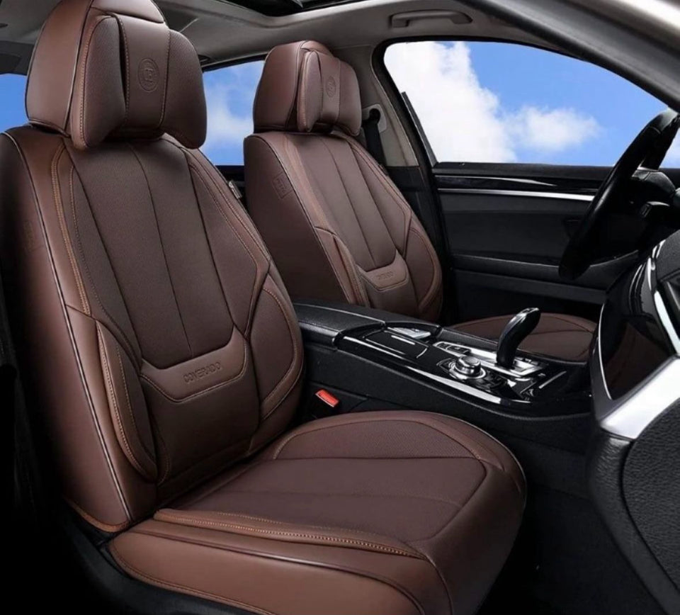Open Box Coverado Front and Back Seat Covers 5 Pieces, Waterproof Nappa Leather Auto Seat Protectors Full Set with Head Pillow, Universal Car Accessor