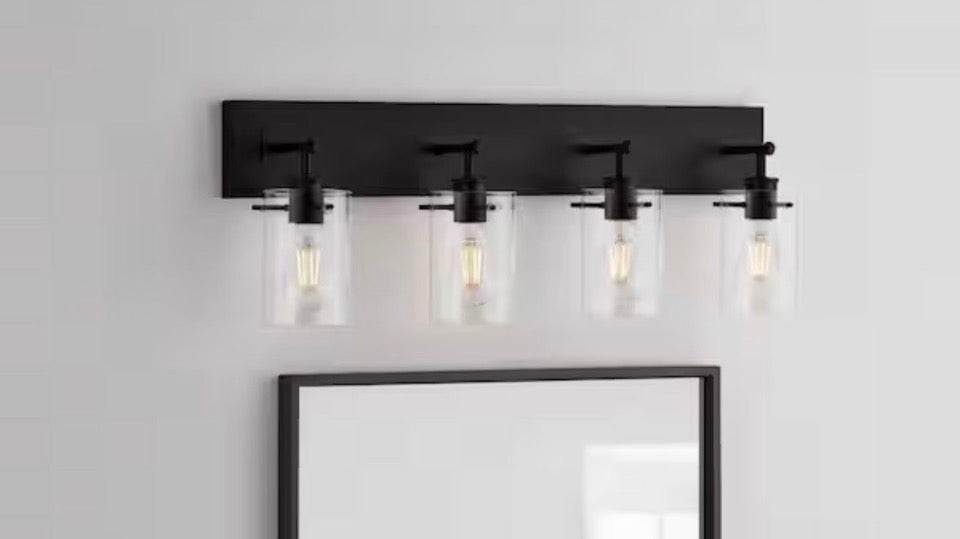 Hampton Bay  Regan 29.25 in. 4-Light Matte Black Bathroom Vanity Light with Clear Glass Shades