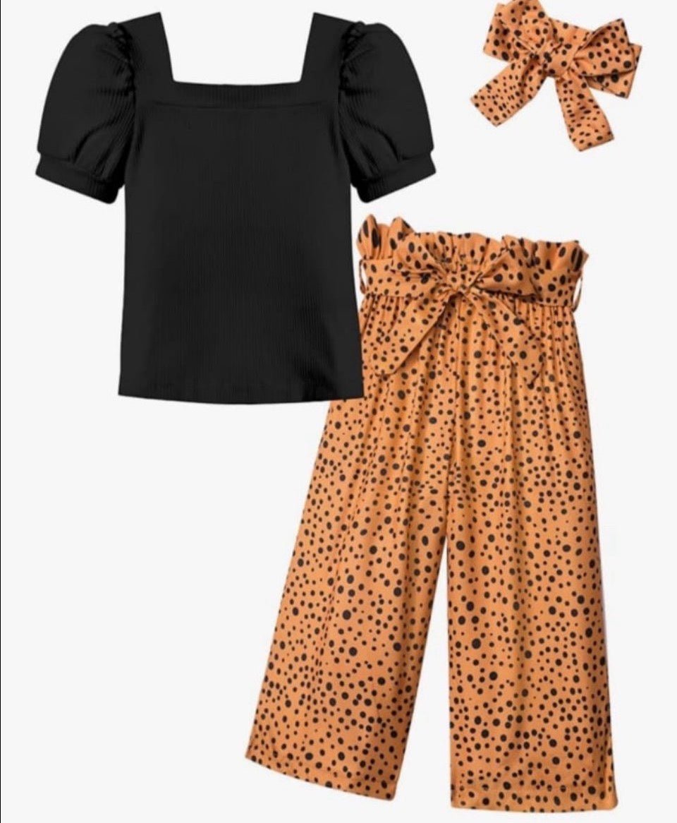 DONWEN toddler girl clothes set with black square neck top, orange polka dot pants, and matching headband