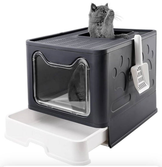 Bolux foldable extra large dark grey cat litter box with lid, drawer design, and attached scoop, featuring low tracking and comfortable space for cats.