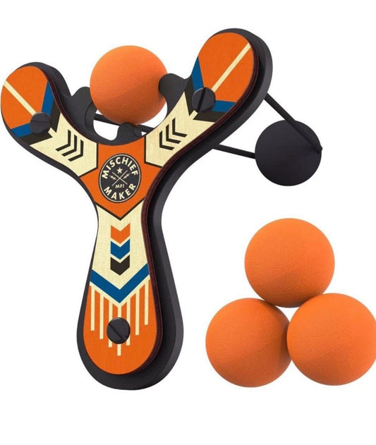 Mischief Maker® Wooden Slingshot with orange foam balls and classic wood design