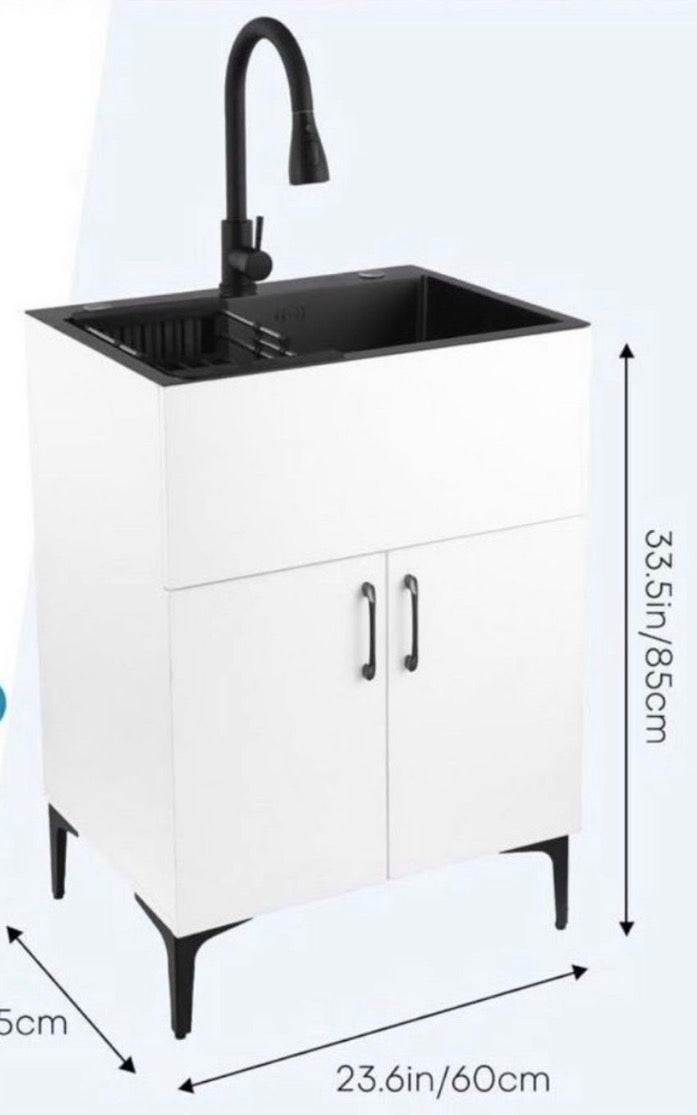 Open Box New Ownsig 23.6 inch Stainless Steel Laundry Sink with Cabinet and Pull-Out Faucet, Free Standing Utility Sink with Draining Basket
