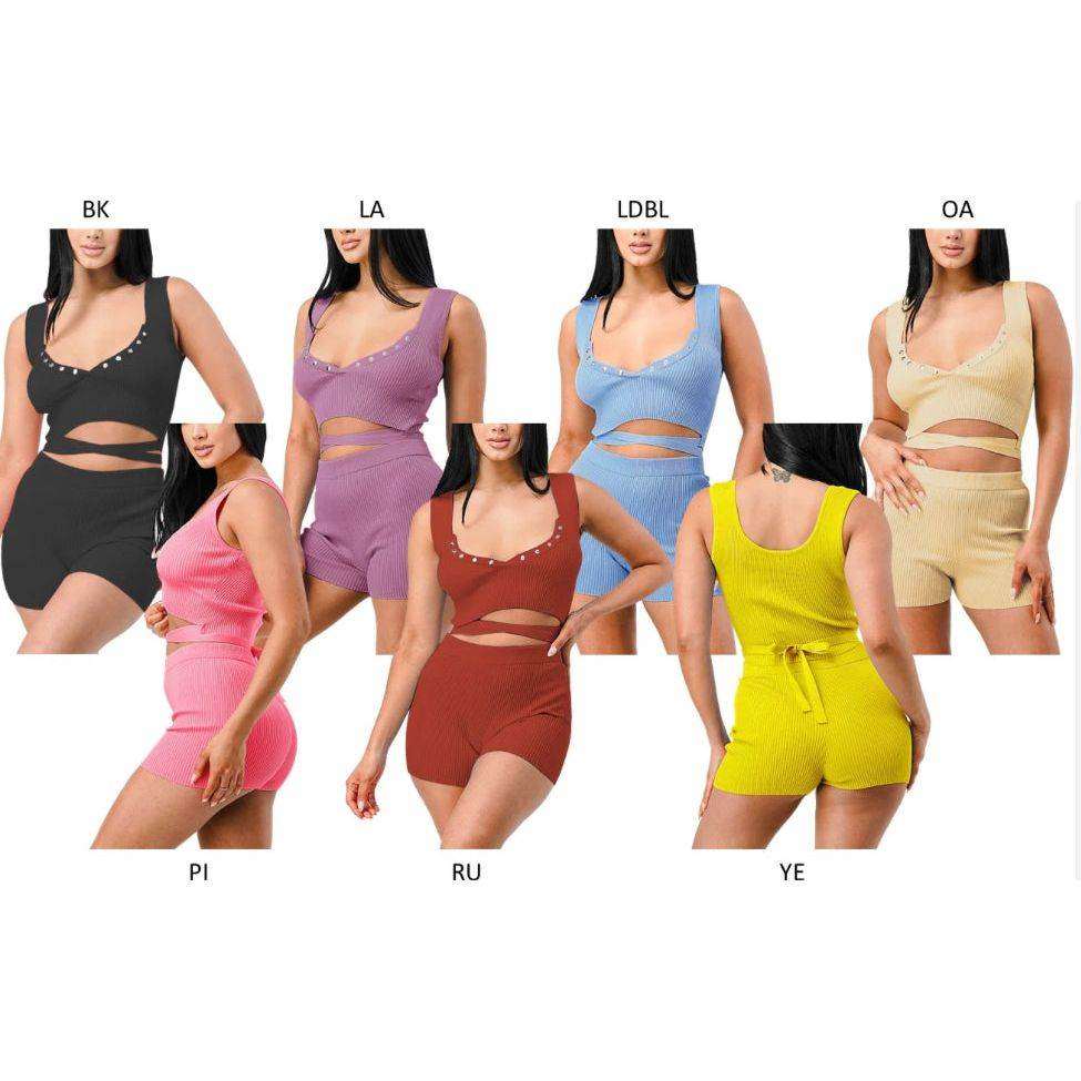 LUXURY KNIT WAIST TIED CROP TOP & SHORT SET - Selzalot