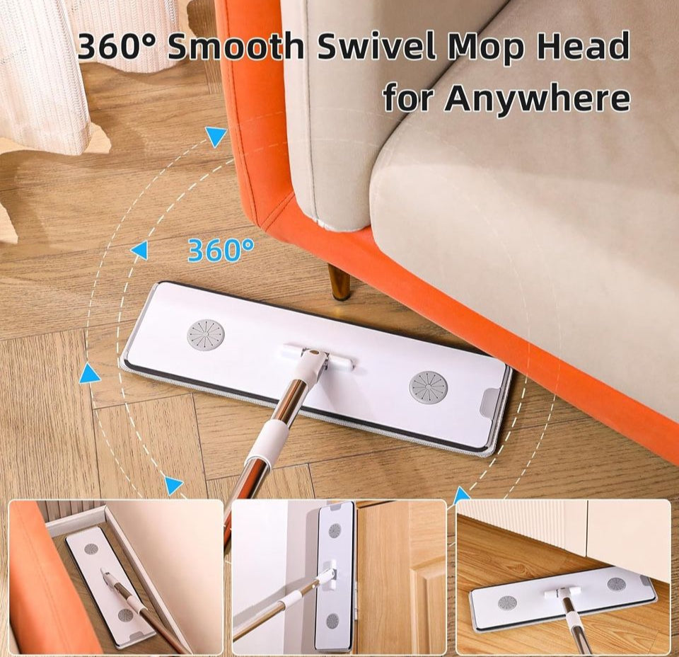 "funest Mop and Bucket with Wringer Set for Home, 16"" Large Flat Mop and Bucket System for Floor Cleaning and Wall Cleaner, Wet Dry Mop for Window Cleaner with 4 Washable Microfiber Pads"