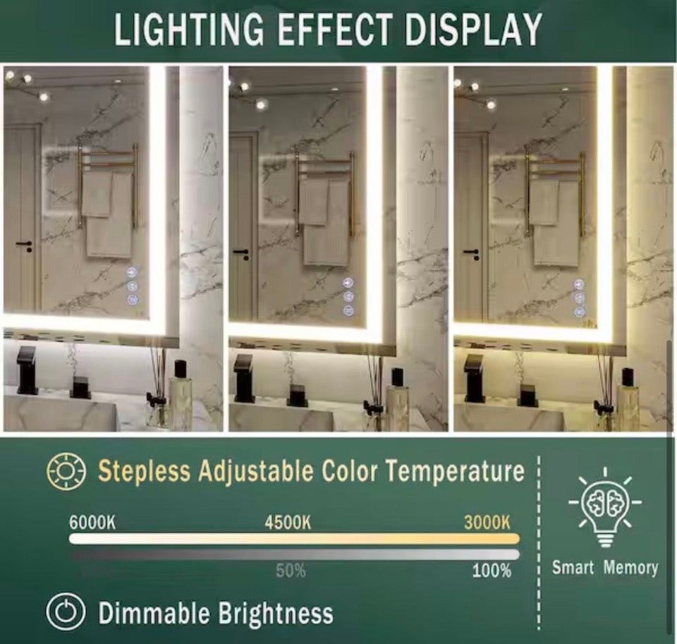 GLSLAND 26 in. W x 38 in. H LED Light Anti-Fog Rectangular Frameless Wall Bathroom Vanity Mirror White