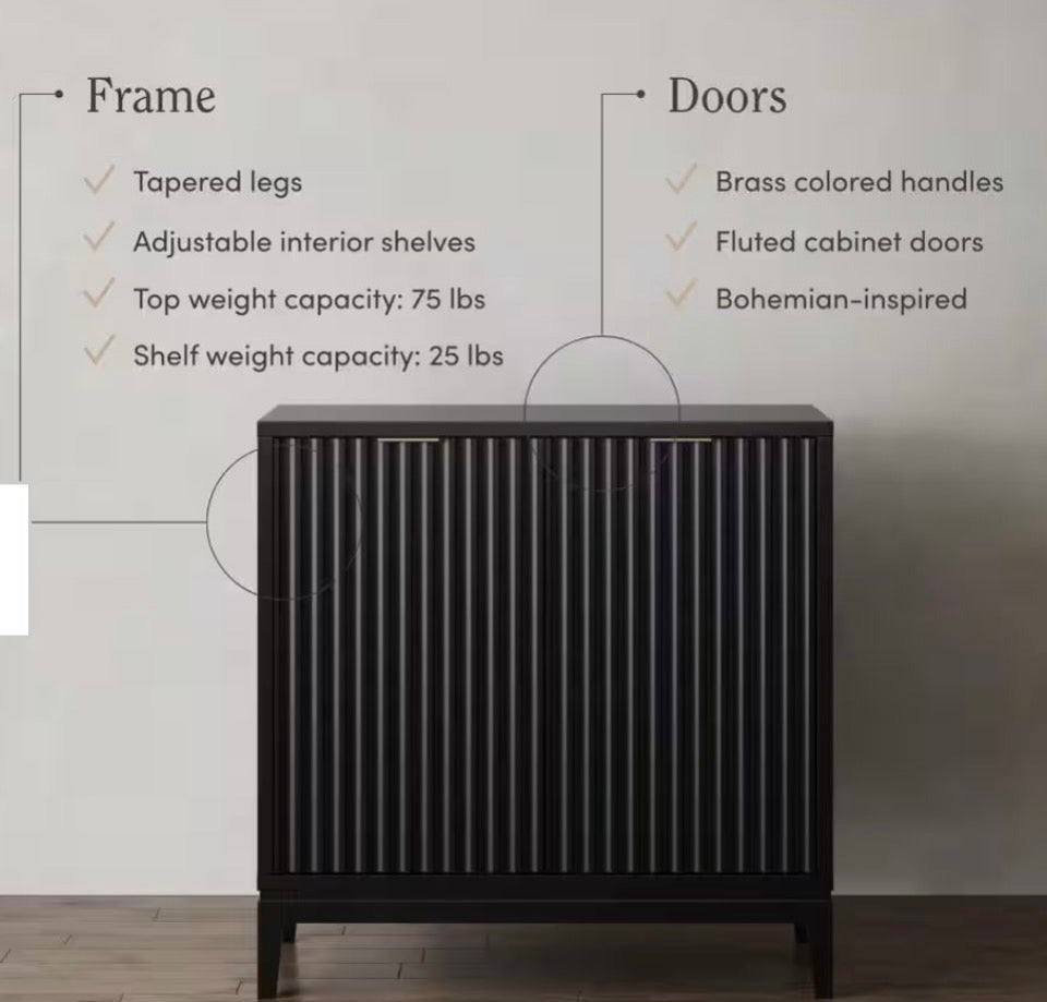 Open Box New Nathan James Jasper Black Oak Finish MDF 31 in. Sideboard Accent Storage Cabinet with Fluted Doors and Adjustable Shelves