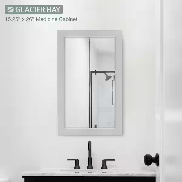 Open Box Glacier Bay 15-1/4 in. W x 26 in. H Framed Recessed or Surface-Mount Bathroom Medicine Cabinet with Mirror, Gray