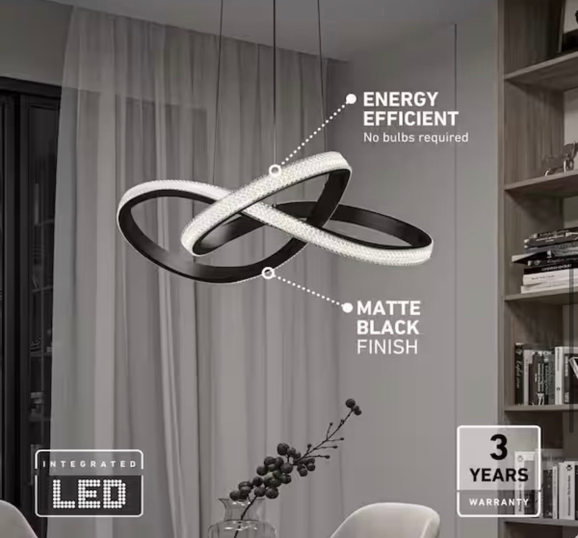 Artika Morgan 30-Watt 1 Light Black Modern 5 CCT Integrated LED Pendant Light Fixture for Dining Room or Kitchen