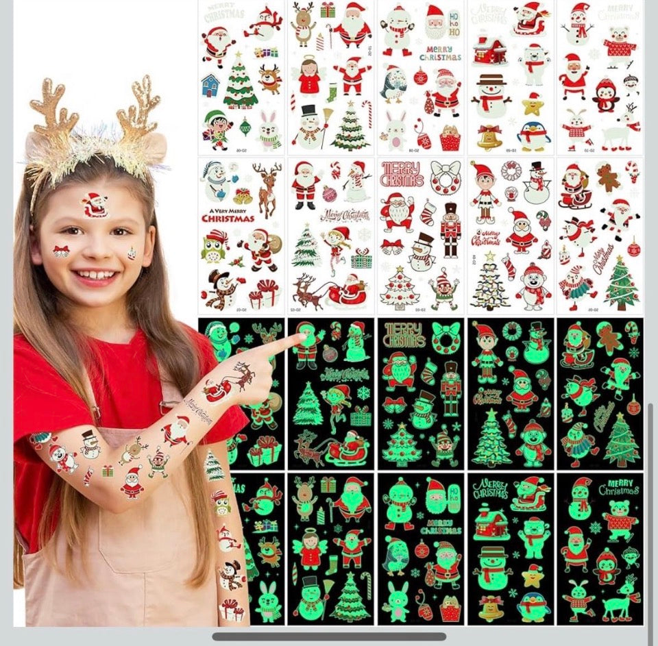 New HUSKEIN 10 Sheets Luminous Christmas Tattoos for Kids, Christmas Temporary Tattoos, Bulk Stocking Stuffers for Kids, Merry Xmas Party Decorations