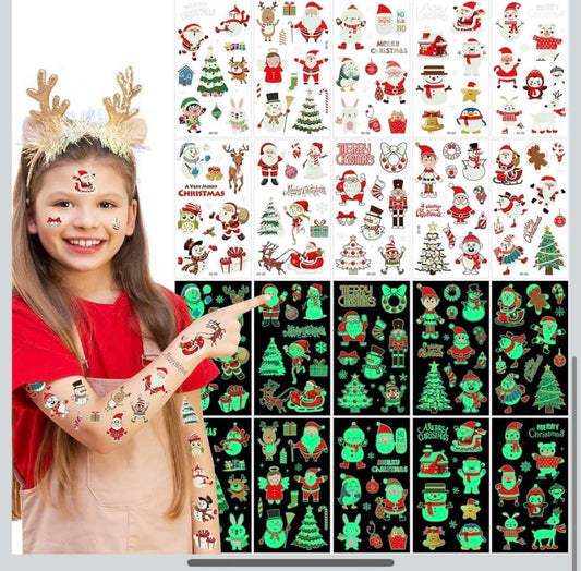 New HUSKEIN 10 Sheets Luminous Christmas Tattoos for Kids, Christmas Temporary Tattoos, Bulk Stocking Stuffers for Kids, Merry Xmas Party Decorations