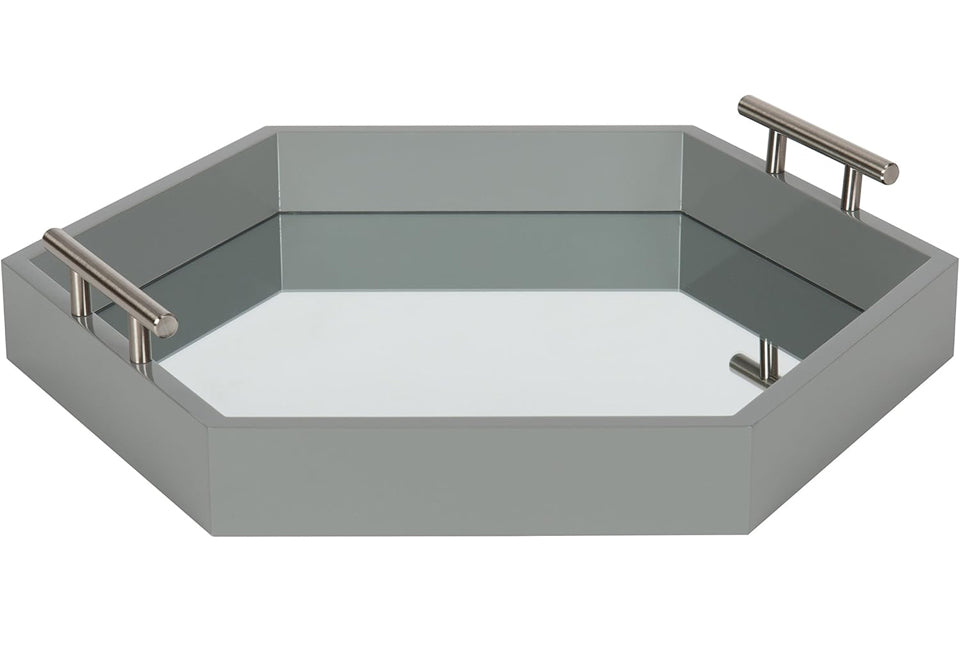 Open Box Kate and Laurel Lipton Hexagon Decorative Mirrored Tray with Polished Metal Handles, Gray and Silver
