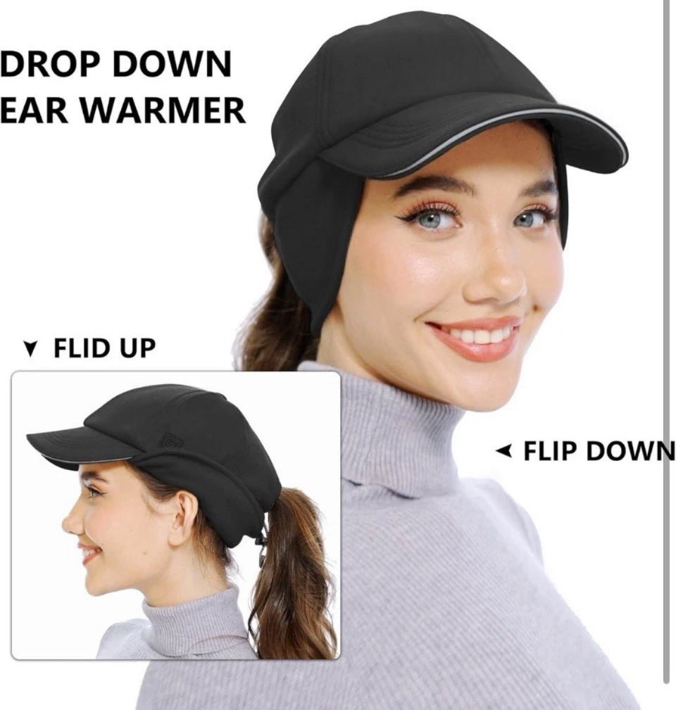 GADIEMKENSD Women's Fleece Ponytail Hat - Reflective Winter Hat with Flip Down Ear Warmer, Vertical Ponytail Hole, Adjustable