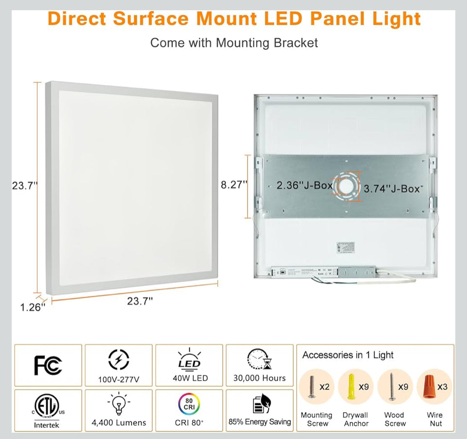 Open Box Mcacggo 2x2 FT Surface Mount LED Panel Light Dimmable & 3 Color Selectable 3000K/4000K/5000K - 40W 24x24 Inch LED Flush Mount Ceiling Light L