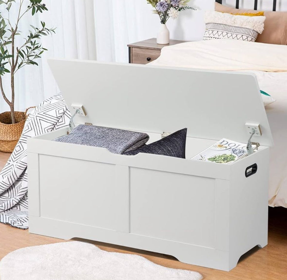 "Timberer 39.4"" Storage Chest, Wooden Storage Bench, Lift Top Toy Chest with 2 Safety Hinges, Large Toy Box, Entryway Bench for Living Room, Bedroom, White"