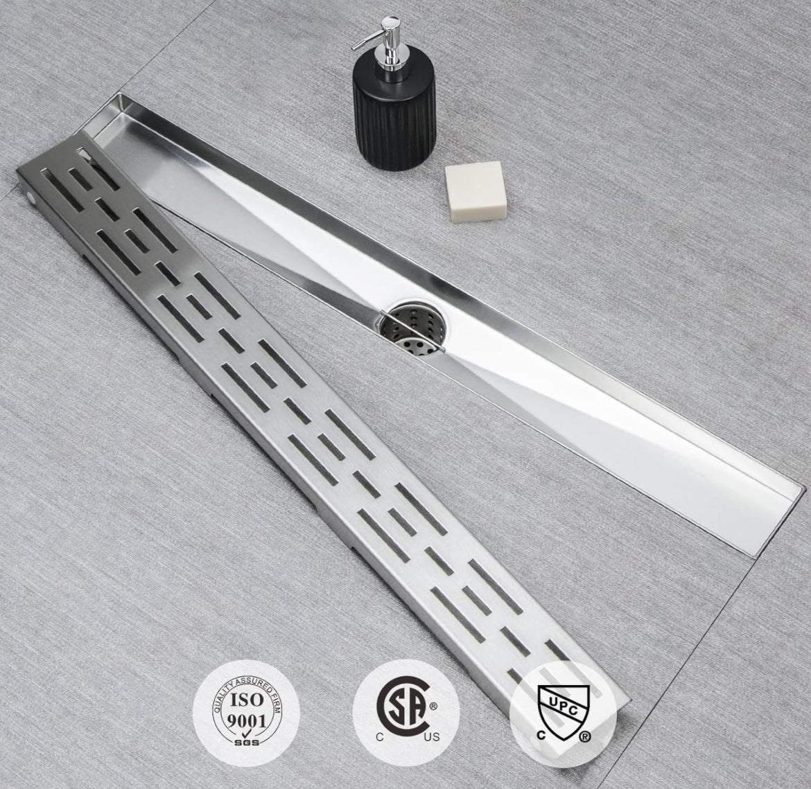 SaniteModar Linear Shower Drain, High Flow Rate Removable Grate Shower Drain 32 inch,Brushed 304 Stainless Steel Linear Drain with Hair Strainer, - Selzalot