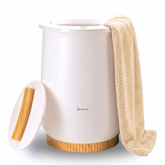 Luxury bucket towel warmer with sleek white design, wooden base, auto shut off, fits oversized towels and bathrobes.