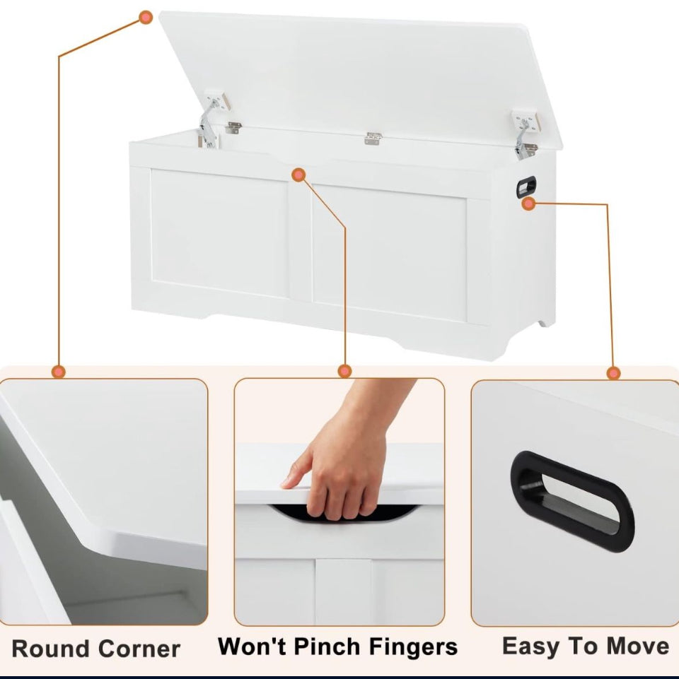 "Timberer 39.4"" Storage Chest, Wooden Storage Bench, Lift Top Toy Chest with 2 Safety Hinges, Large Toy Box, Entryway Bench for Living Room, Bedroom, White"