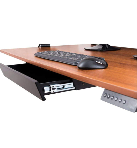 Under-desk sliding drawer from Stand Up Desk Store attached to a wooden desk, providing sleek black storage for office supplies.