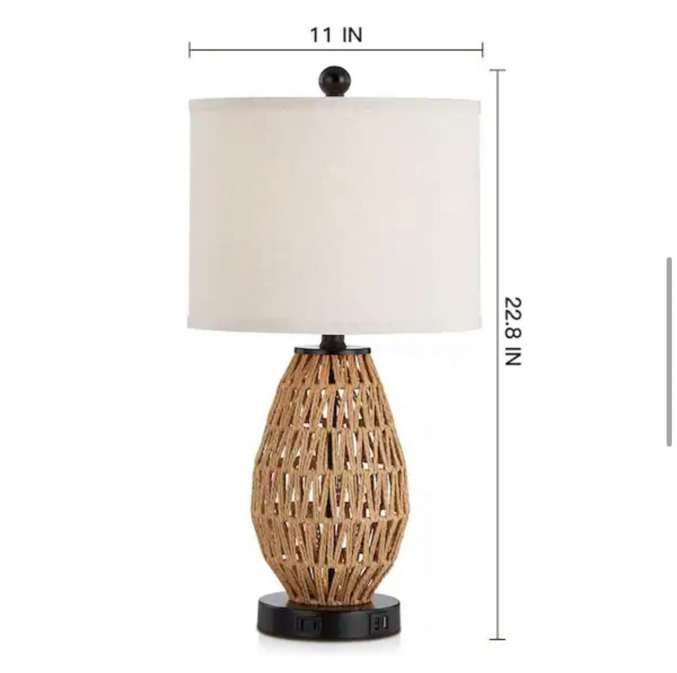 Open box Adone 23 in. H Brown Touch Control Rattan Table Lamps with 2 USB Ports and