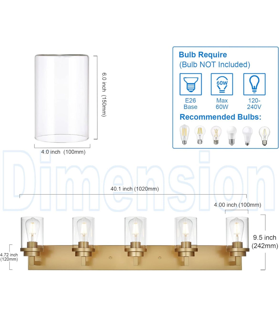 MELUCEE Gold Vanity Lights for Bathroom 40 Inches Length, 5-Light Bathroom Lighting Fixtures Over Mirror Wall Mount Lamp with Clear Glass Shade for Vanity Table/Over Sink/Kitchen - Selzalot