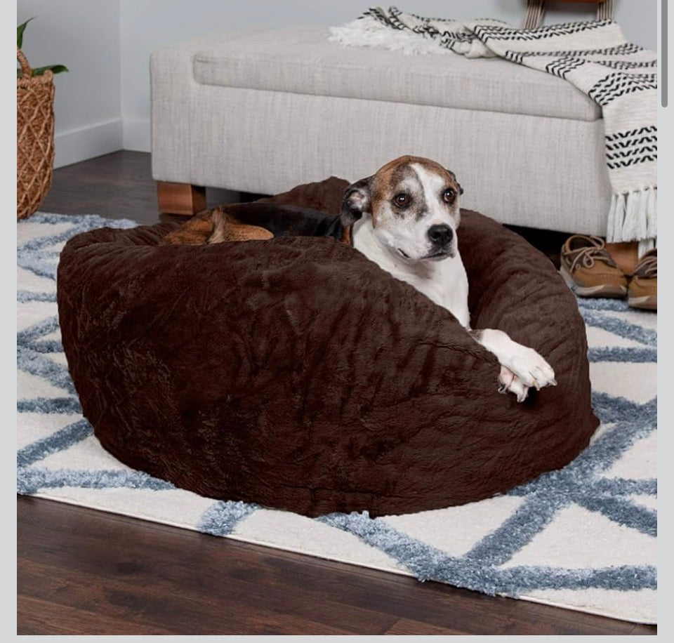 Furhaven Soft & Cozy Dog Bed for Large/Medium Dogs, Refillable w/ Removable Washable Cover & Liner, For Dogs Up to 55 lbs - Plush Faux Fur Bean Bag Style Ball Bed - Espresso, Large