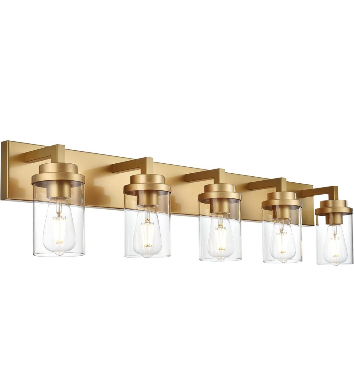 MELUCEE Gold Vanity Lights, 5-light bathroom fixture with clear glass shades, ideal for over mirror installations.