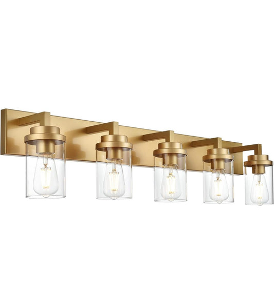 MELUCEE Gold Vanity Lights, 5-light bathroom fixture with clear glass shades, ideal for over mirror installations.