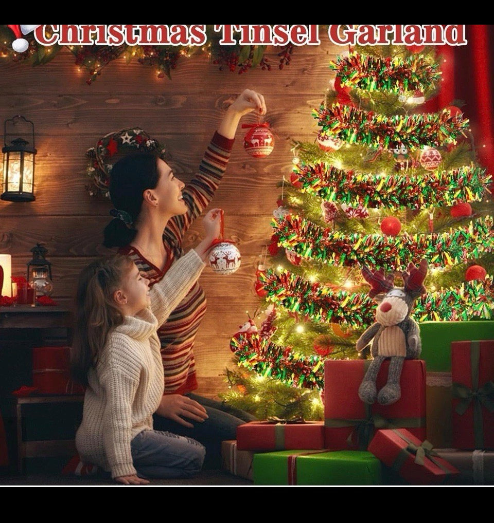 Open Box Wowscan 50Ft Christmas Red Green and Gold Tinsel Garland Metallic Twist Shiny