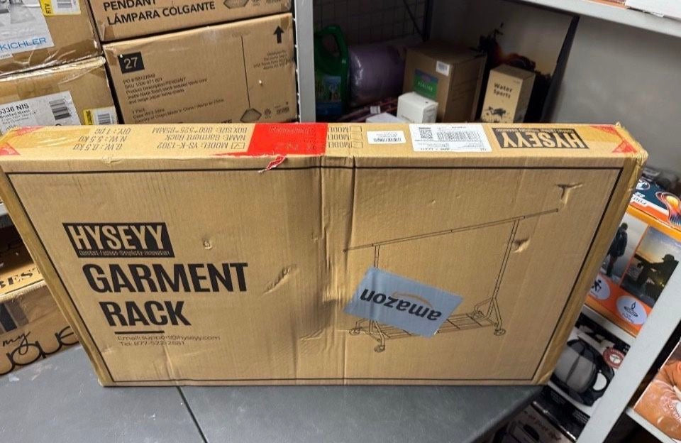 Open Box HYSEYY Heavy Duty Clothes Rack Load 450 LBS, Metal Garment Rack, Standing Rolling Clothing Rack for Hanging Clothes with Sturdy Wheels & Shel