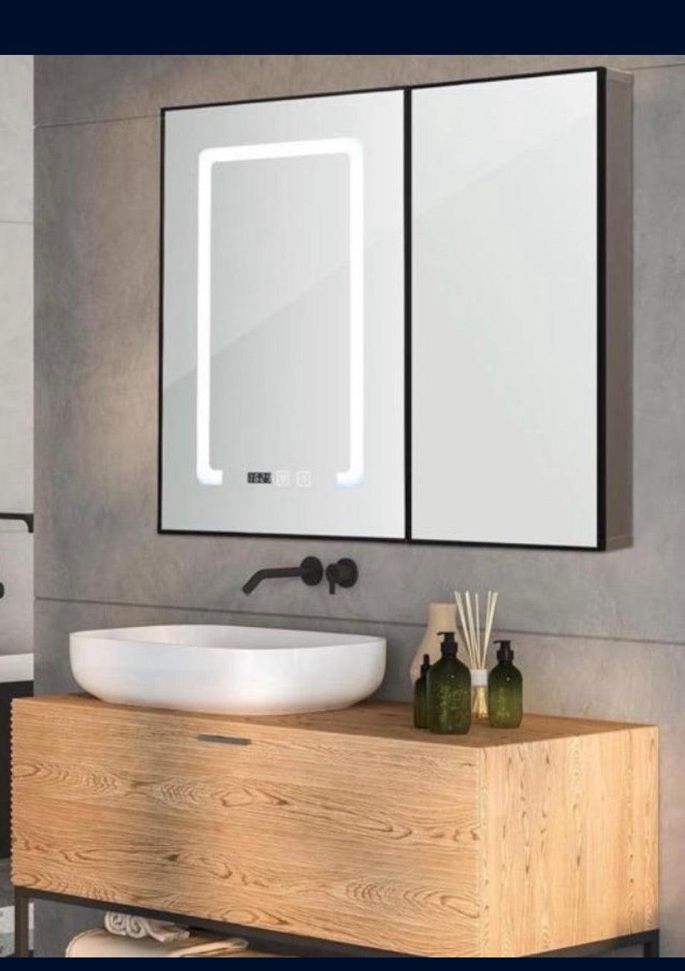 Open Box Wenqik LED Mirror Medicine Cabinet, 25 x 27 Inch Bathroom Medicine Cabinet with LED Lights and Mirror, Wall Mounted Mirror Cabinet with Dimme