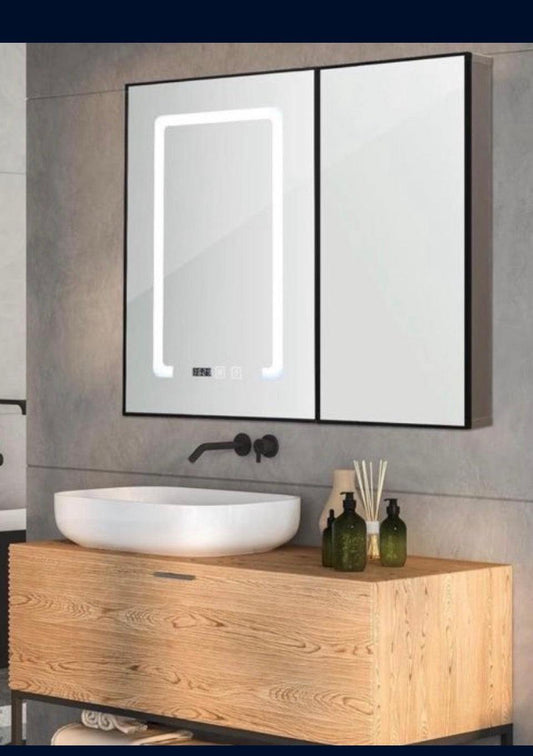 Open Box Wenqik LED Mirror Medicine Cabinet, 25 x 27 Inch Bathroom Medicine Cabinet with LED Lights and Mirror, Wall Mounted Mirror Cabinet with Dimme