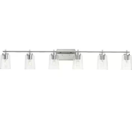 Progress Lighting Adley 48.5-inch 6-light brushed nickel bathroom vanity light with clear glass shades and modern traditional design