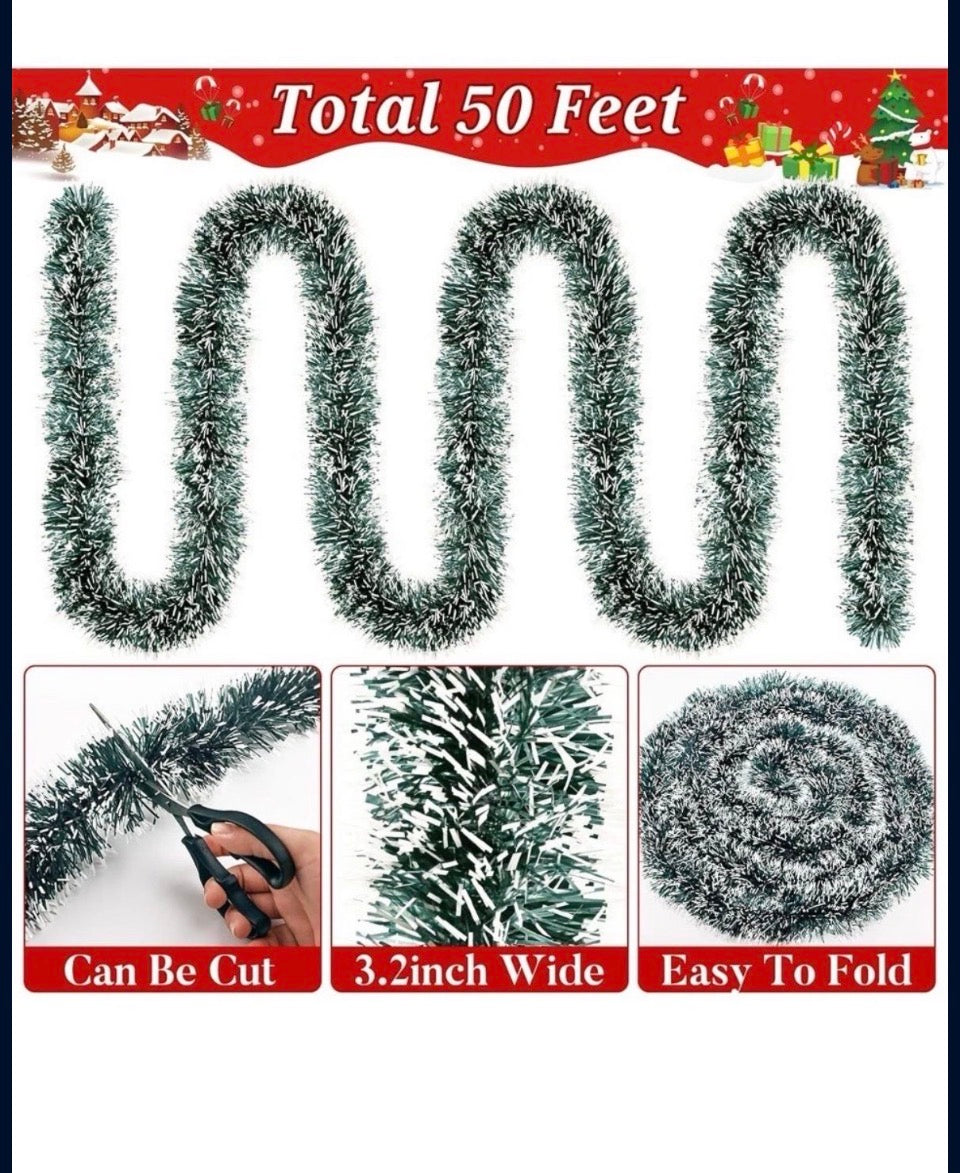Open Box New 50Ft Christmas Tinsel Garland Dark Green Xmas Tree Decorations Metallic