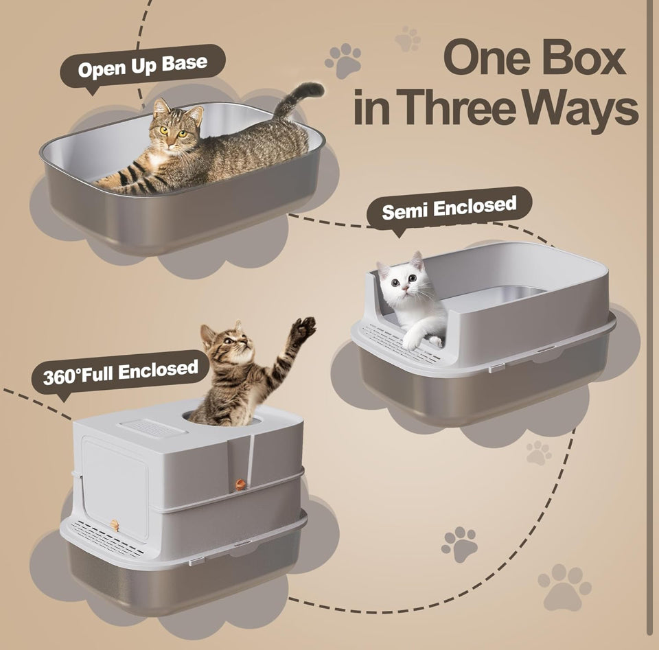 Open Box JALOVE Stainless Steel Litter Box with Lid, XL Extra Large Enclosed Metal Cat Litter Boxes for All Cats,Top Entry Kitty Litter Box with Scoop