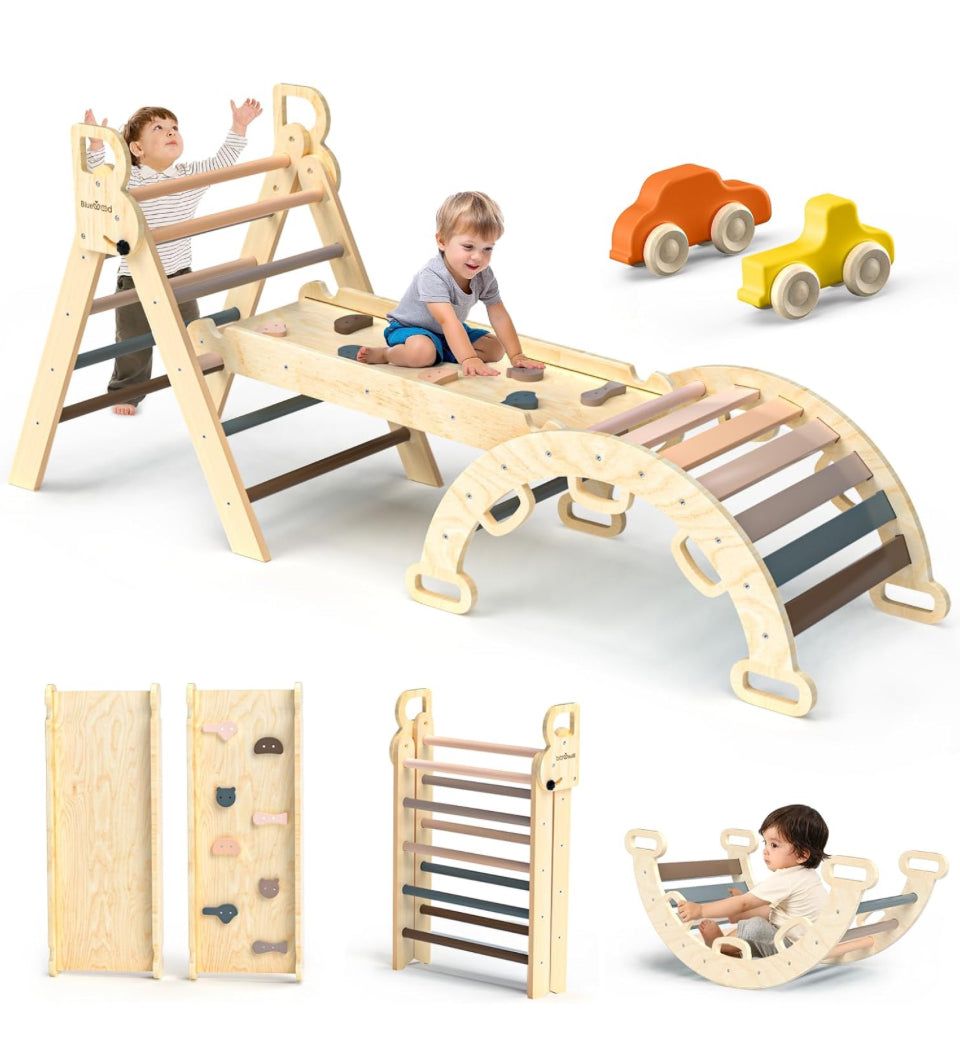 Open Box BlueWood Pikler Triangle Set 7in1 Foldable Baby Climbing Toys with Arch, Ramp, and Ladder for Toddlers.