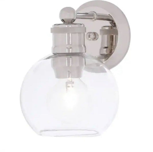 Progress Lighting Hansford Collection 1-light polished nickel coastal farmhouse bathroom vanity wall light with clear glass shade