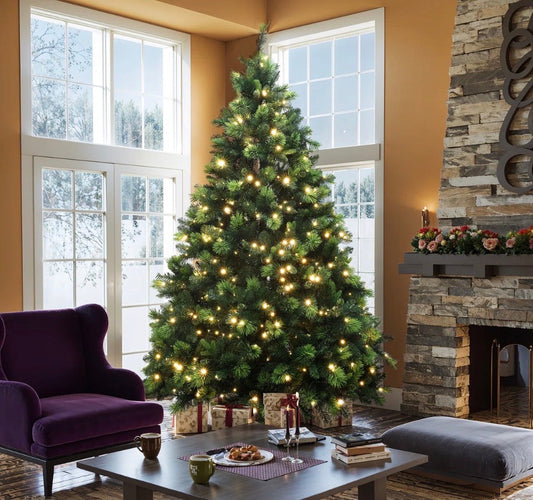 Pre-Lit Green Full Artificial Pine Christmas Tree with warm white lights in living room setting